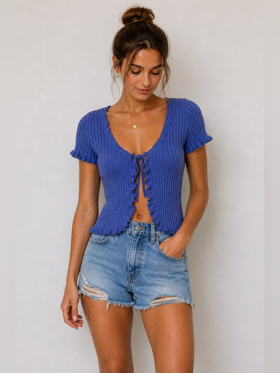 Free People Tops - Intimately Free People Blue Ribbed Knit Ruffle Tie Front Short Sleeve Top XS